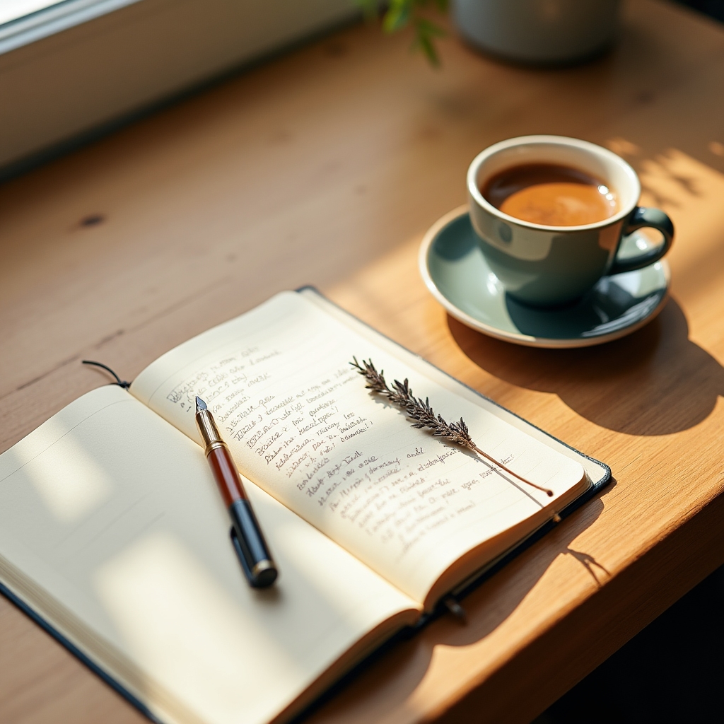 Scrivania ordinata con agenda e tazza di caffè al mattino